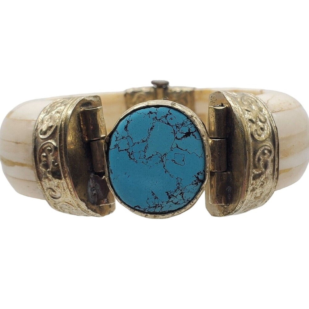 Off White Bangle Hinged Bracelet Faux Turquoise‎ Chunky Boho Layered Stackable